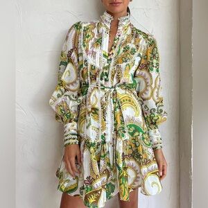 Vintage-Inspired Paisley Print Boho Peplum Dress Lace Trim Size M (1260)